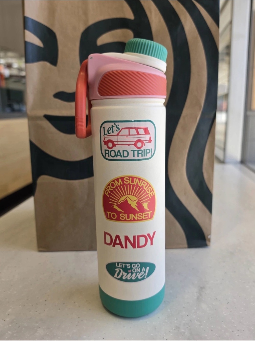 Starbucks DANDY Road Trip Water Bottle - Cream with Coral & Teal Accents NEW